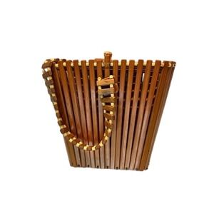 Vintage 1950's Bamboo Basket Handbag Unique Top Handle Small Purse Indonesian